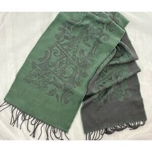 Silk Wool Blend Paris Eiffel Tower Rectangle Scarf Green Gray 60" | Zazou Luxe